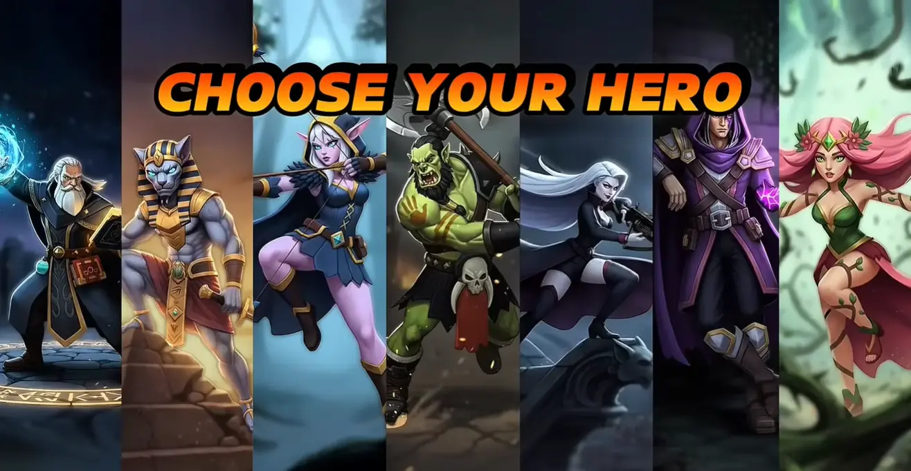 Seven fantasy heroes on a mobile MOBA Blitz of Battle character selection screen with "Choose Your Hero" text.
