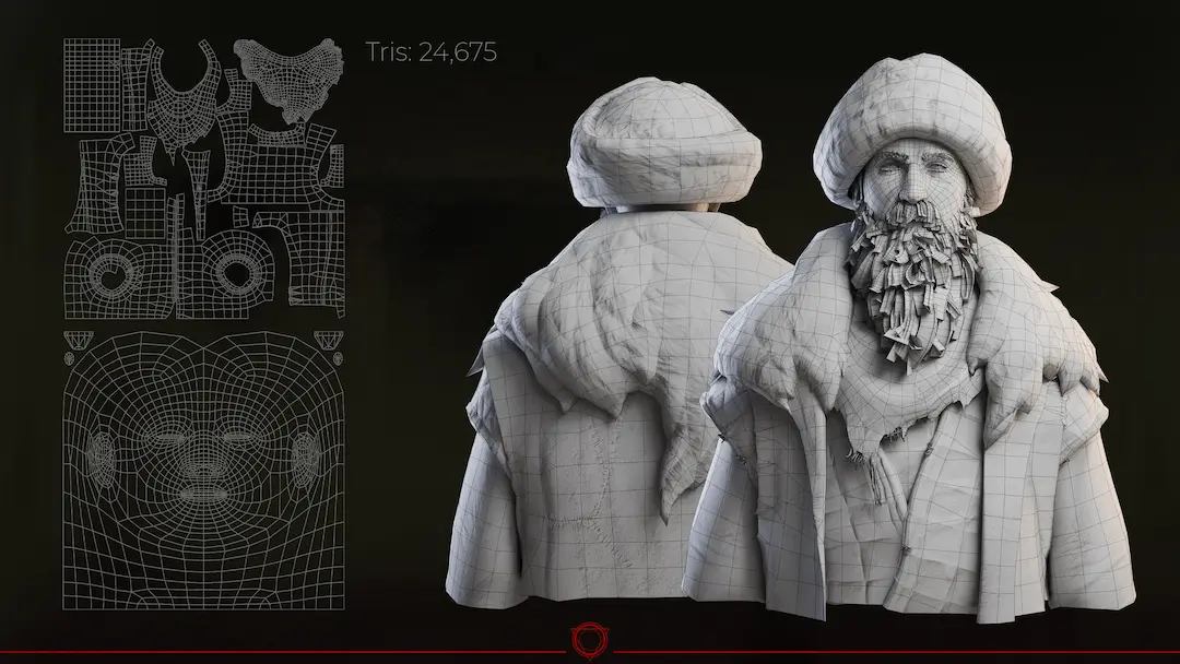 3D wireframe model and UV map of an old man character, illustrating outsourced game asset production.