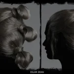 Two side profiles of dark silhouettes showing complex, realistic 3D hair styled in three distinct buns.