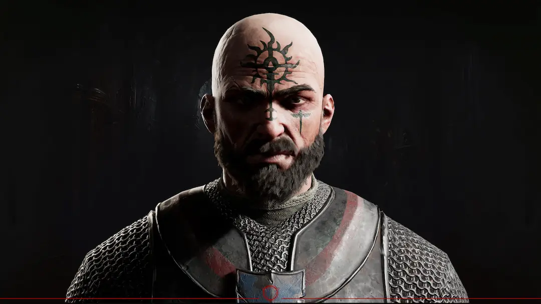 Realistic 3D warrior character concept art with face tattoos and chainmail armor for game outsourcing