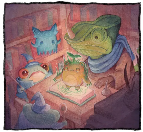 Cozy illustration of diverse creature wizards, including a chameleon and frog, studying a magic book together.