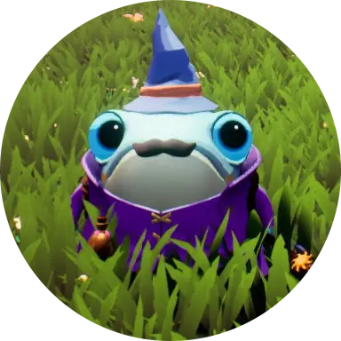 Close-up of a cute blue frog wizard character with a mustache, pointy hat, and purple robe in green grass.