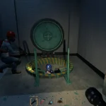 Two players in gas masks and hard hats explore a dark bunker through a circular floor hatch in Black Pine.