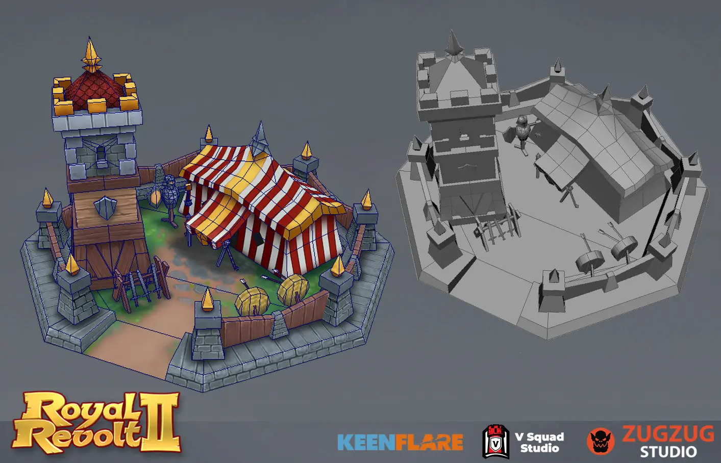Stylized 3D environment assets for Royal Revolt 2 showing wireframe and mesh, illustrating outsourcing scope for indie games.