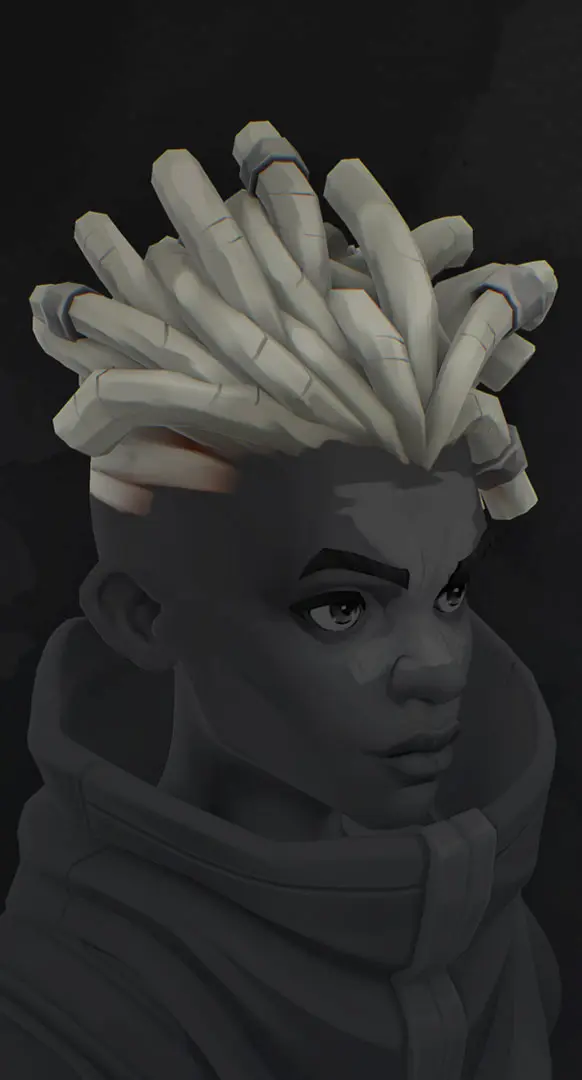 Grayscale 3D portrait showing complex, sculptural tubular hair, demonstrating optimized technical geometry.