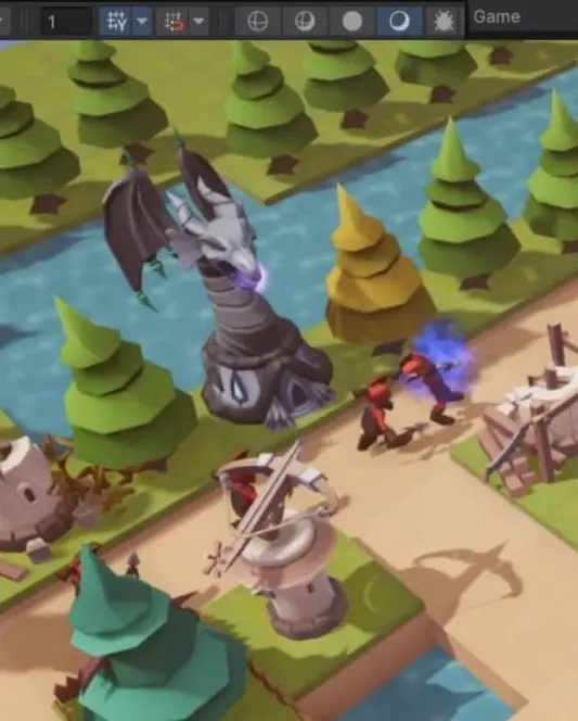 Low-poly 3D tower defense game scene in Unity engine editor showcasing strategy game development.