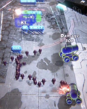 Unity strategy game gameplay featuring tower defense mechanics, stylized combat VFX, and real-time damage UI.