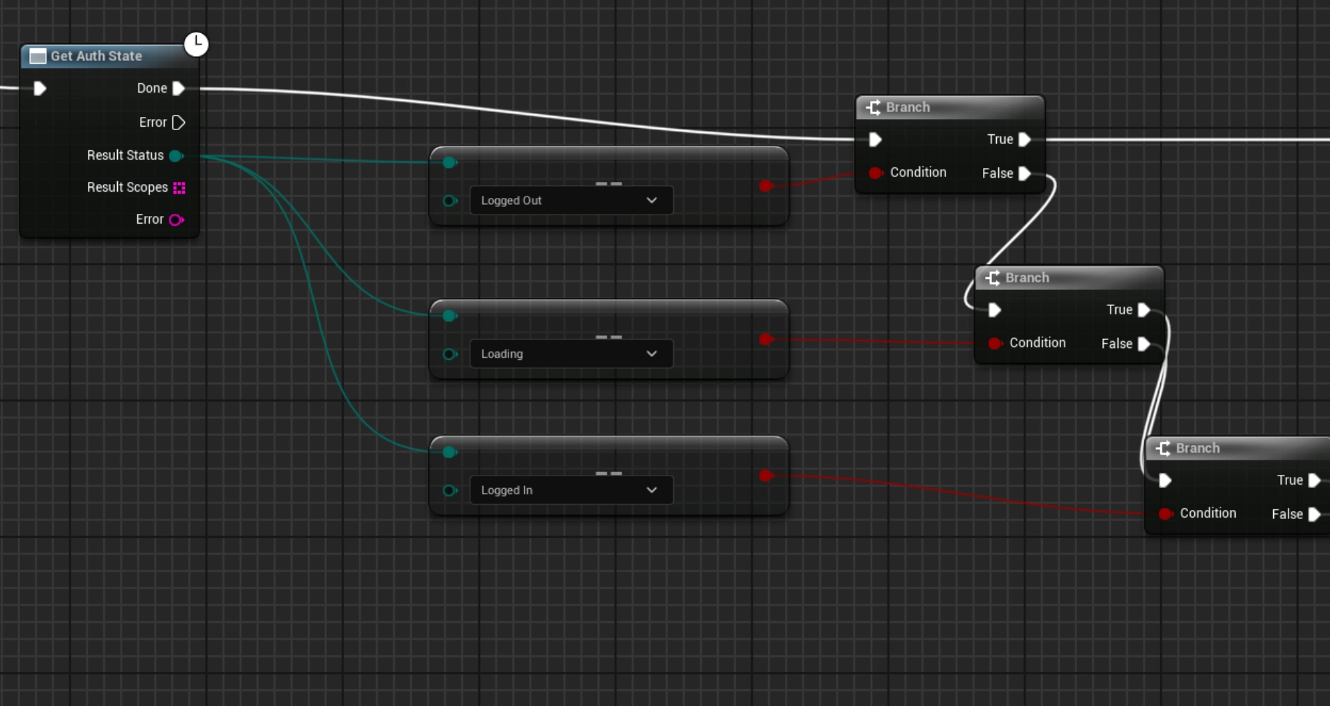 Unreal Engine blueprint visual script graph checking Get Auth State with Logged Out, Loading, and Logged In.