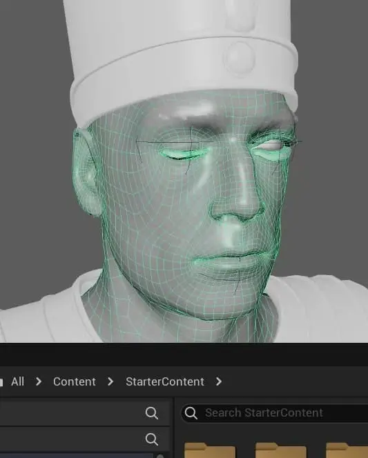 3D character model wireframe in Unreal Engine editor demonstrating the game development process.