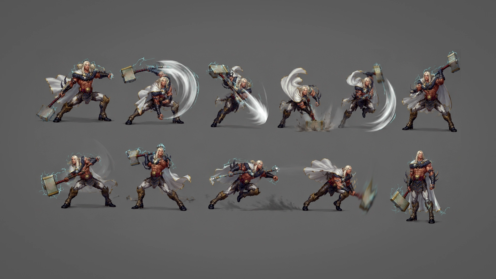 2D character combat animation sheet showing a stylized sword attack sequence for PC and console action games.