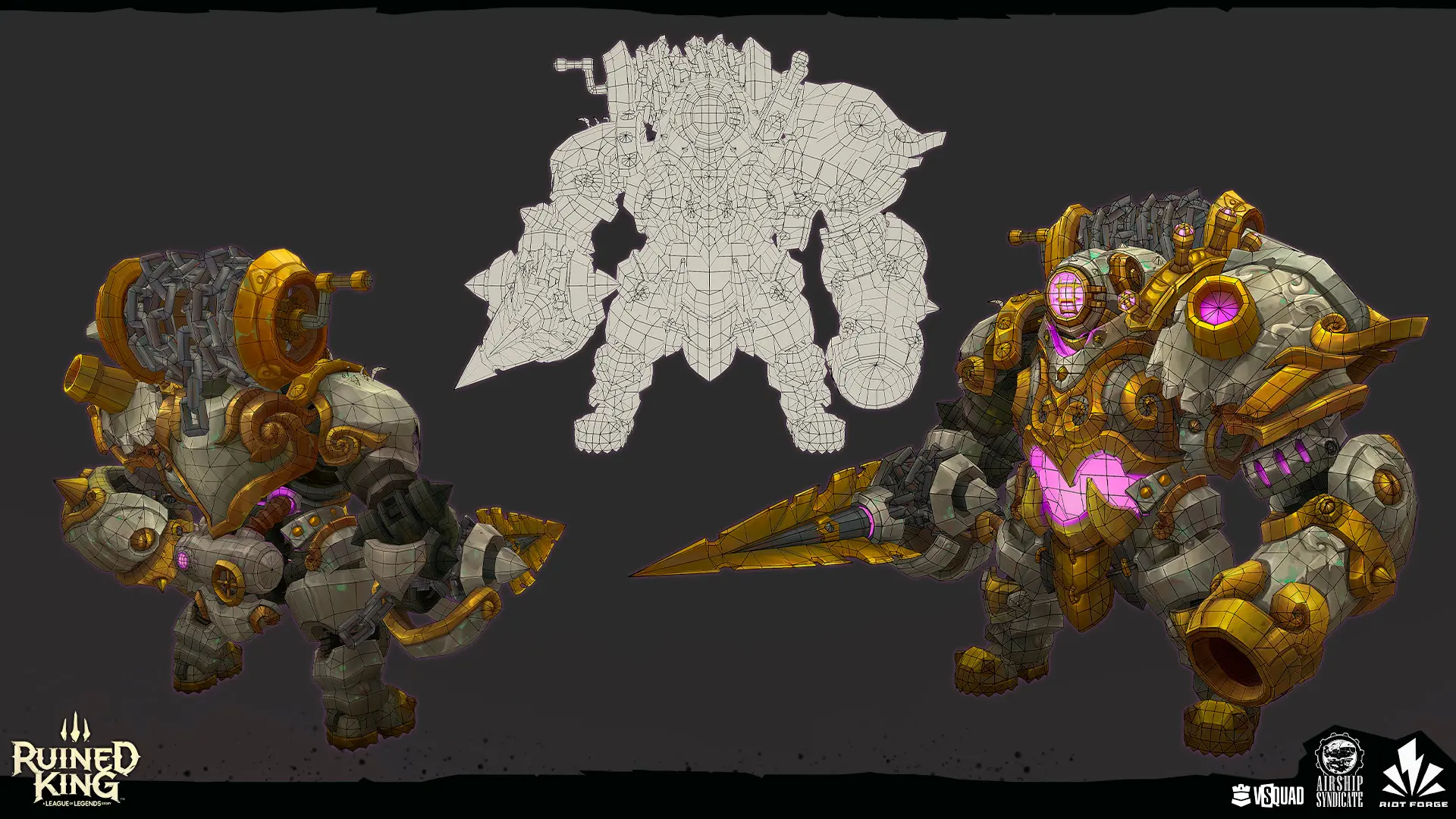 Game development 3D character pipeline showing wireframe mesh and textured model phases.