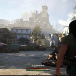 3D game development graphics featuring a medieval town square with a castle in the background and a character.