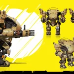 3D mech character design turnaround sheet on a yellow background for a game design guide.