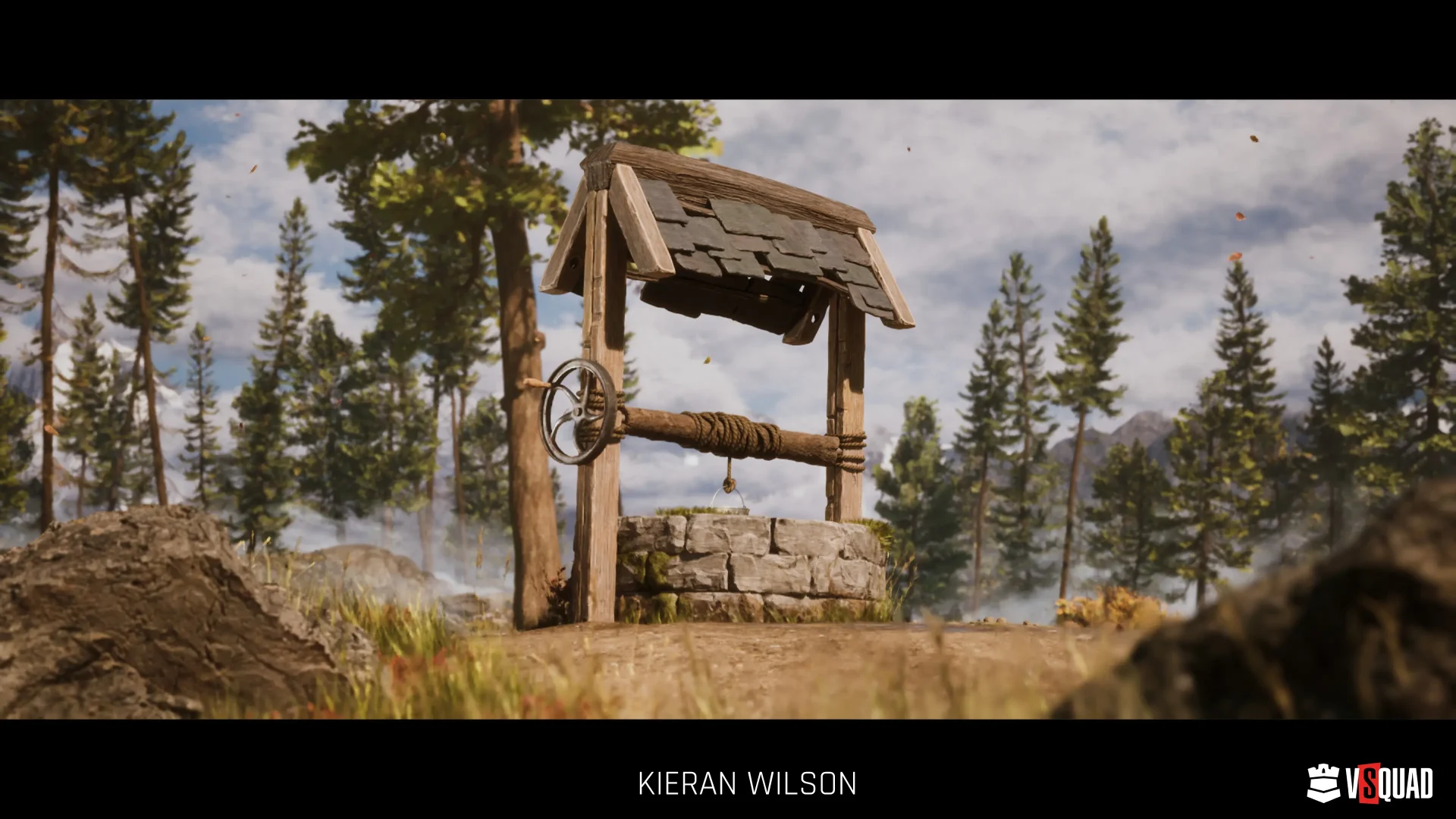 Realistic 3D stone well asset integrated into a forest landscape for VR environment scene design.