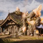 3D stylized fantasy cottage environment with glowing magic crystals and detailed props for AAA game production.