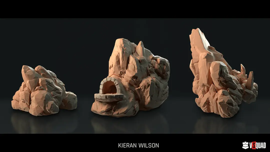 3D clay render of stylized rock formations and an archway asset for AAA game production.