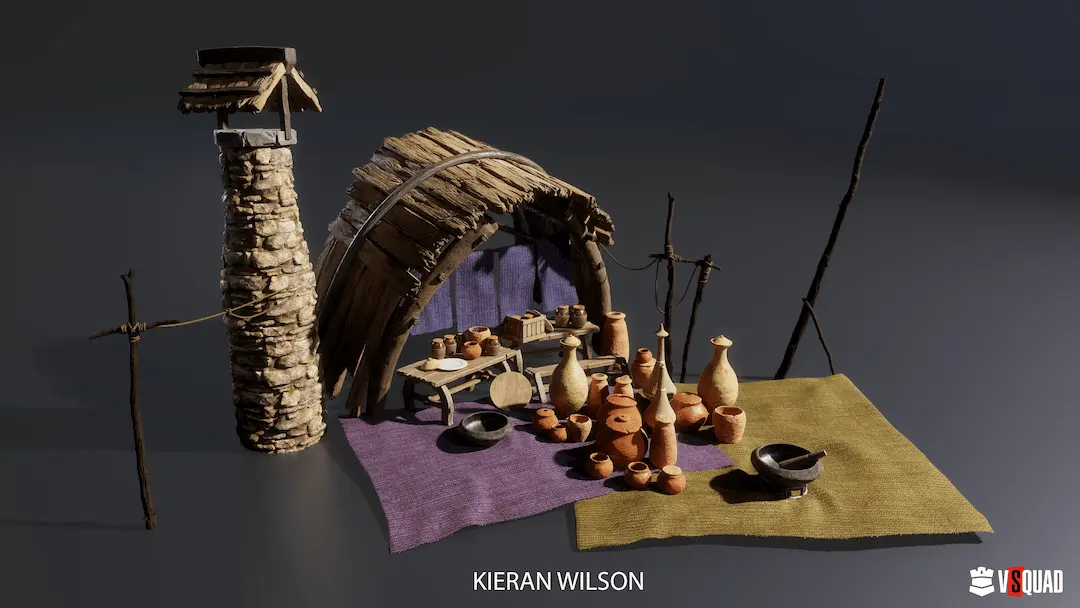 3D game props display showing textured medieval pottery, thatched hut, and stone tower for AAA production.