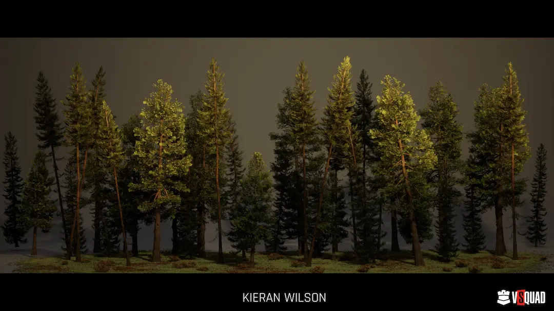 3D pine tree foliage assets showcasing realistic detail for AAA game production.