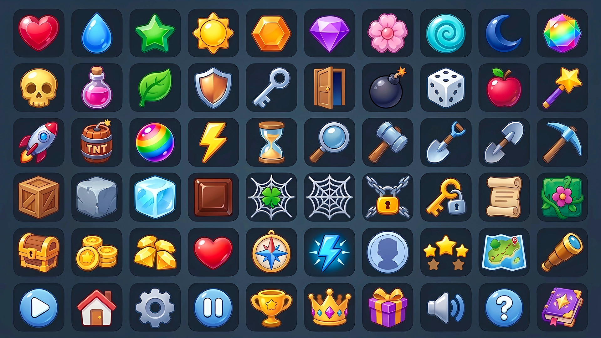 2D stylized asset sheet of match-3 mobile game icons, highlighting casual UI/UX design and mobile game art production.