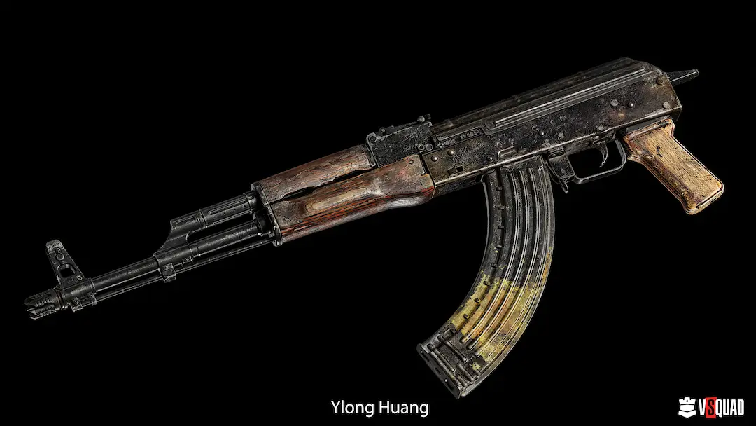 Detailed 3D assault rifle weapon model used as a core asset example in a game design guide.