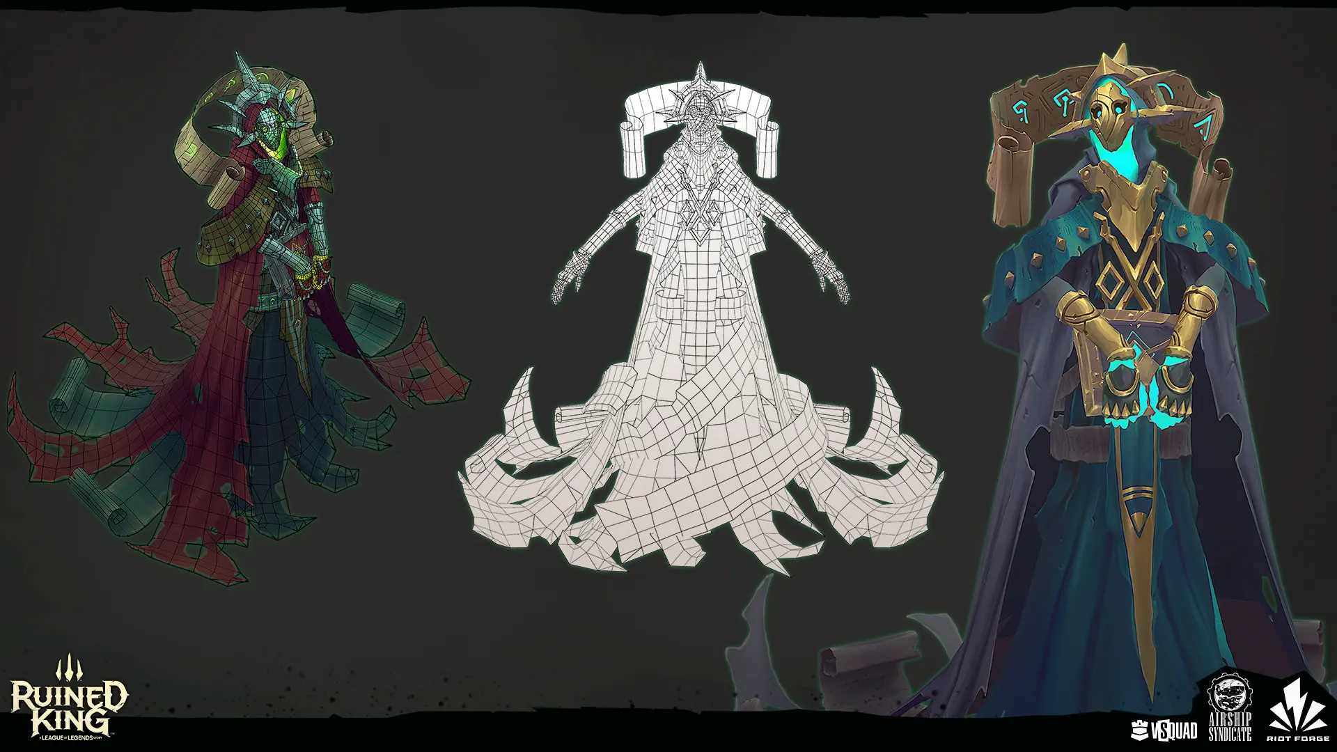 3D character pipeline showing wireframe and textured models for professional game art production.