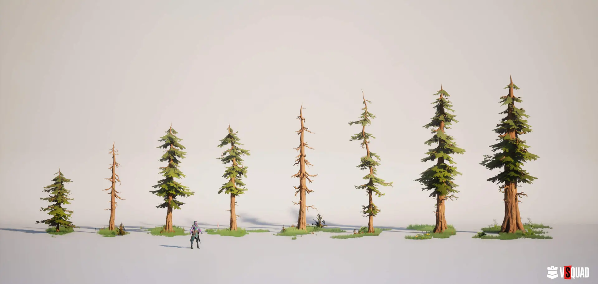 Game-ready 3D stylized spruce tree asset variations for console technical art.