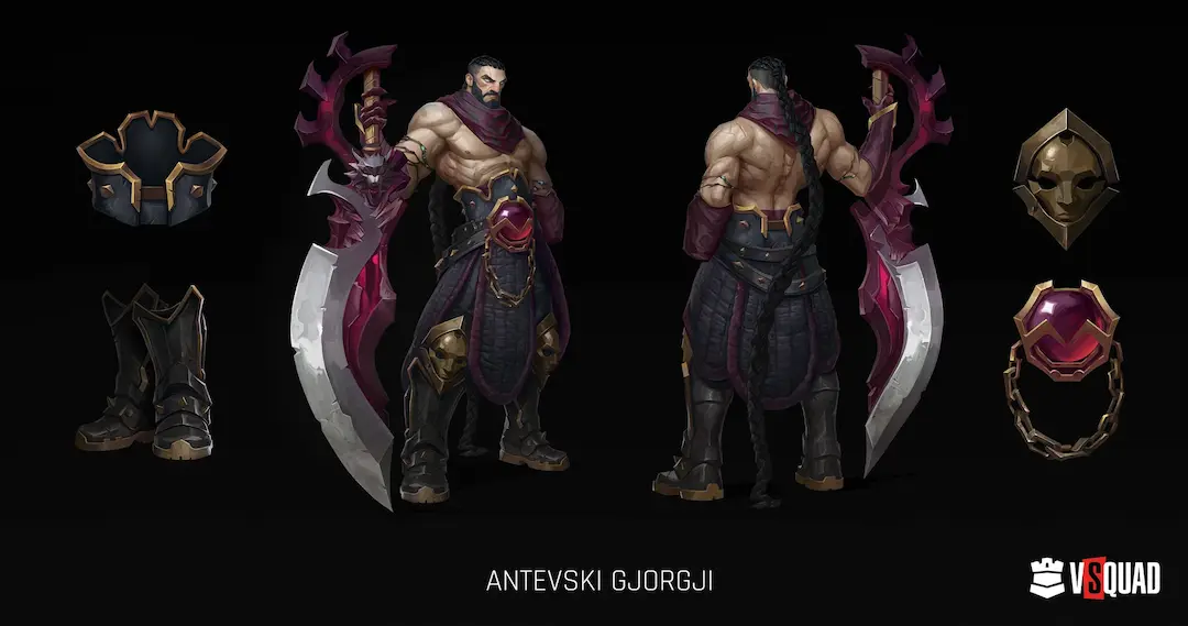 2D game character design concept sheet and props for HTML5 art production.