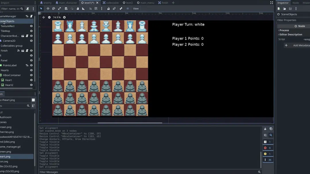 2D game development process in Godot engine showing a chess game interface and workspace UI.