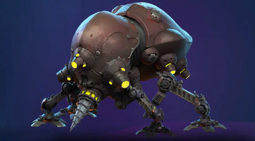 High-fidelity quadrupedal sci-fi mech robot with a prominent front drill for a console game.
