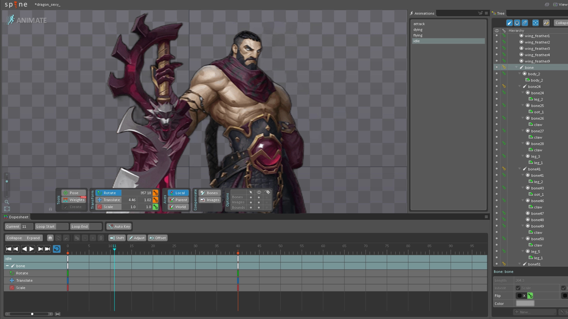 Spine 2D skeletal animation software interface showing character rigging and bone structures for a mobile game asset.