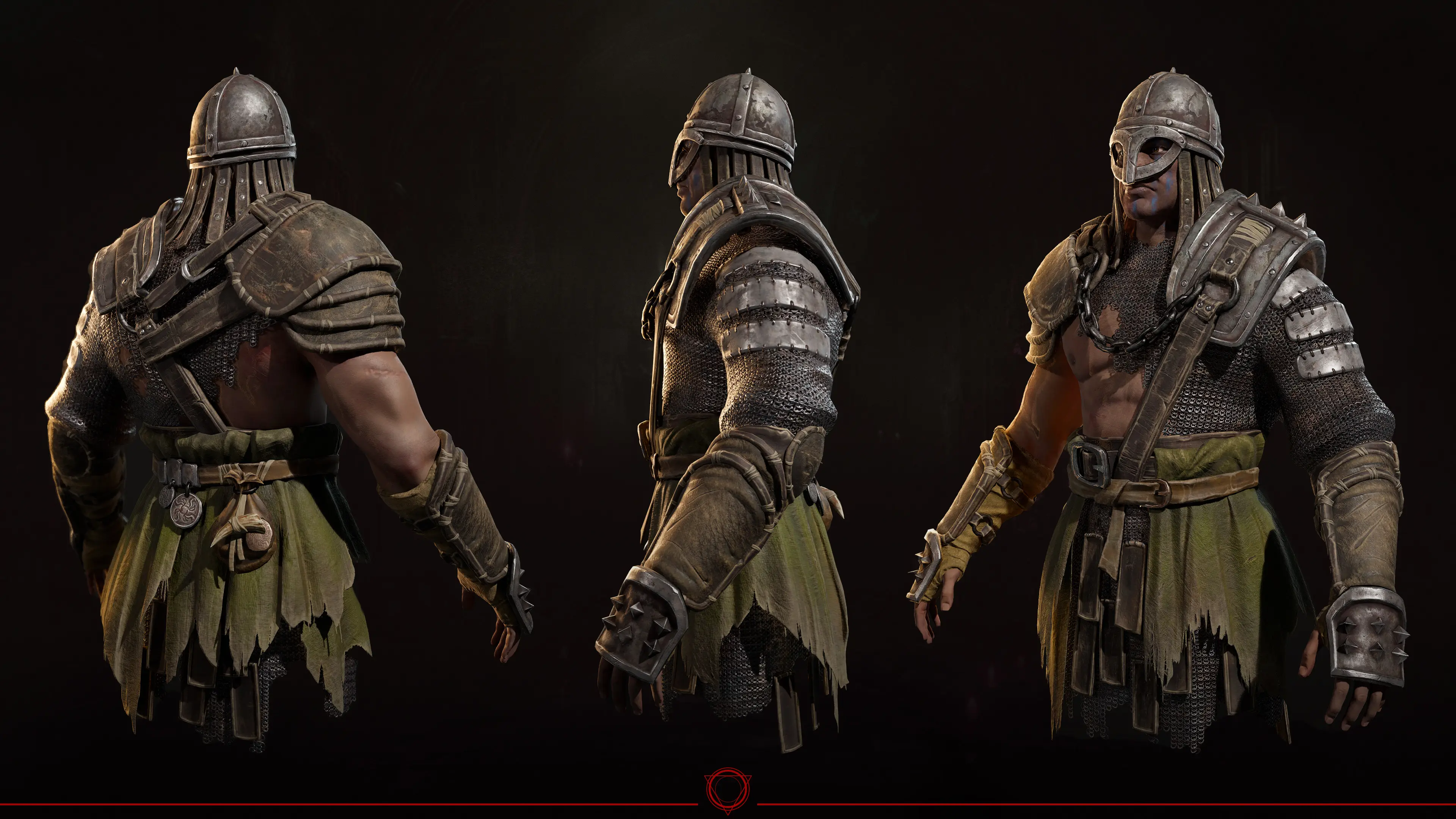 3D character render turnaround of a medieval warrior, showcasing tech art game asset implementation.