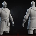 3D wireframe mesh of a warrior character render, illustrating a game development technical artist workflow.