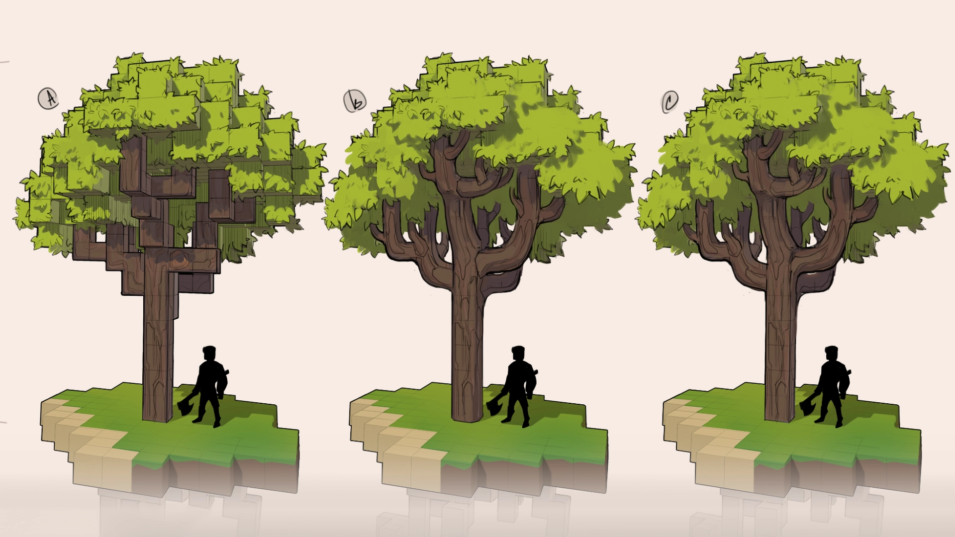 2D environment concept art pipeline for a stylized game, showing the step-by-step rendering process of a magical tree asset.