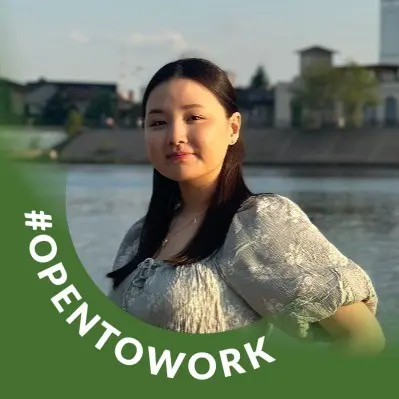 Portrait of artist Ulbibi Salimova with '#OPENTOWORK' graphic. Subject of 'Beyond Portfolio Renders' interview.