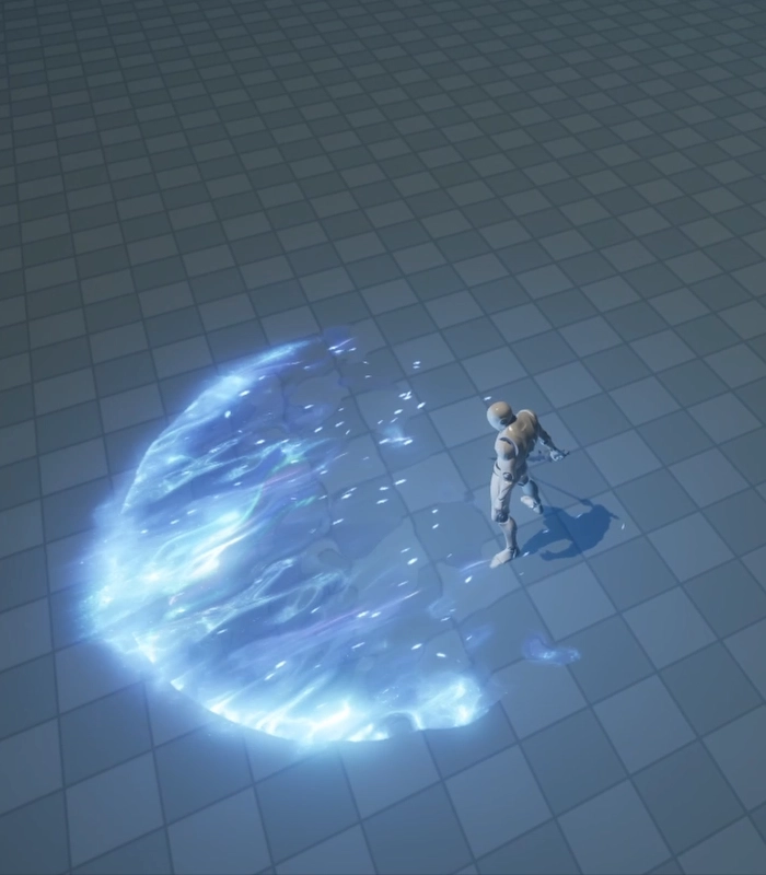 First pass blue energy shield VFX tested on a dummy character layout for VR game prototyping.