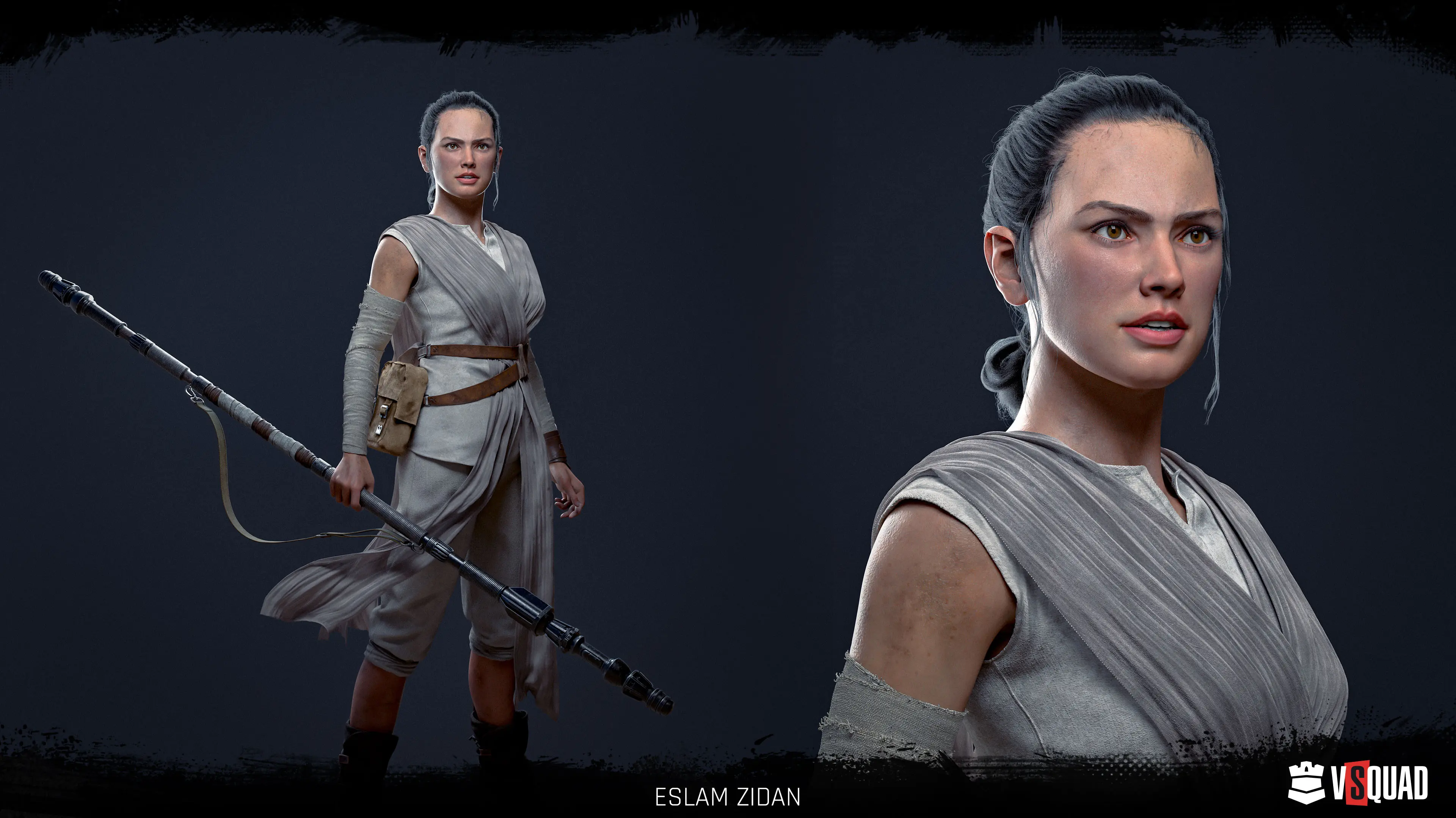 Realistic 3D character design of Rey, showcasing premium game art asset creation by VSQUAD studio.