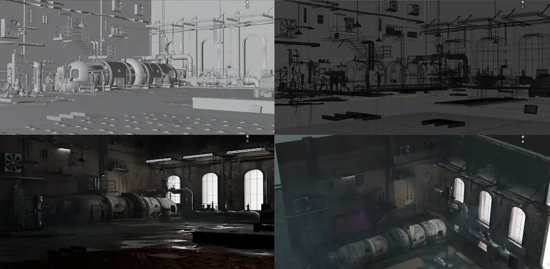 VSQUAD game environment development pipeline from layout to render.