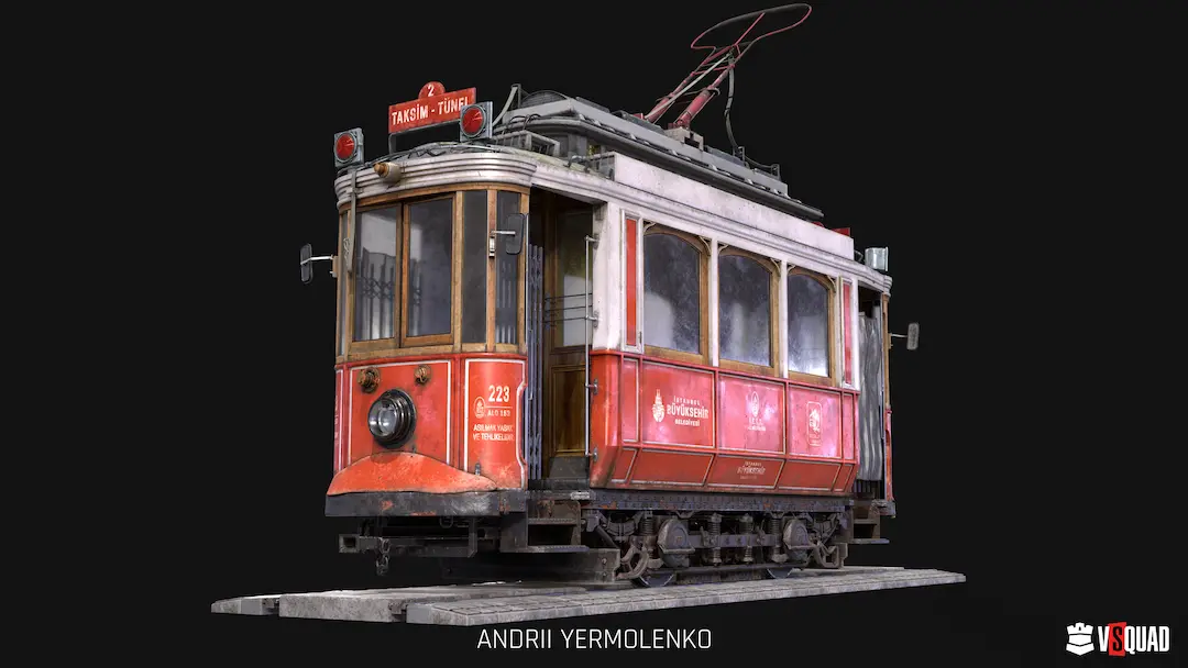 3D vintage tram model from the VSQUAD Studio game art outsourcing portfolio.
