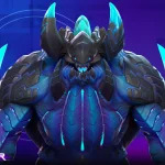 Wayfinder 3D character art of a massive blue monster with glowing cyan crystal horns and stone armor plates.