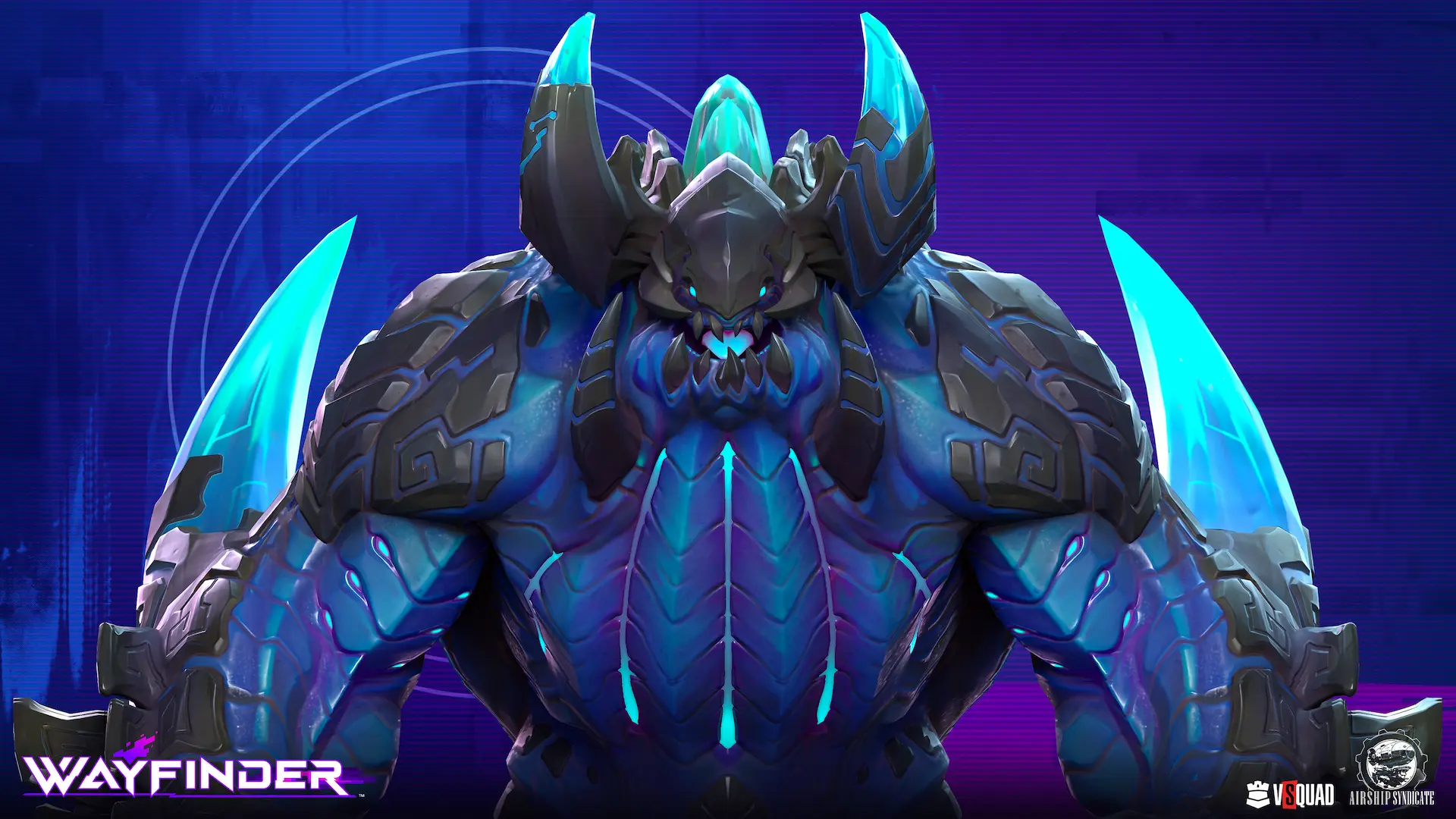 Wayfinder 3D character art of a massive blue monster with glowing cyan crystal horns and stone armor plates.