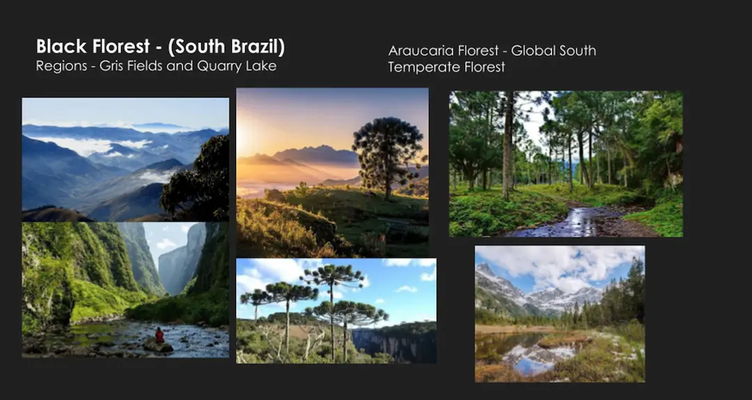 Game environment design concept board showcasing reference images for outsourced level and art production.