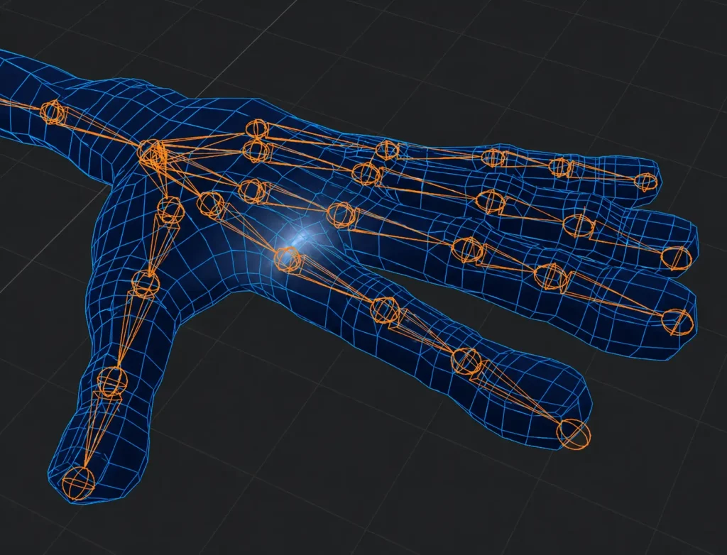 3D hand model with visible rig and joints