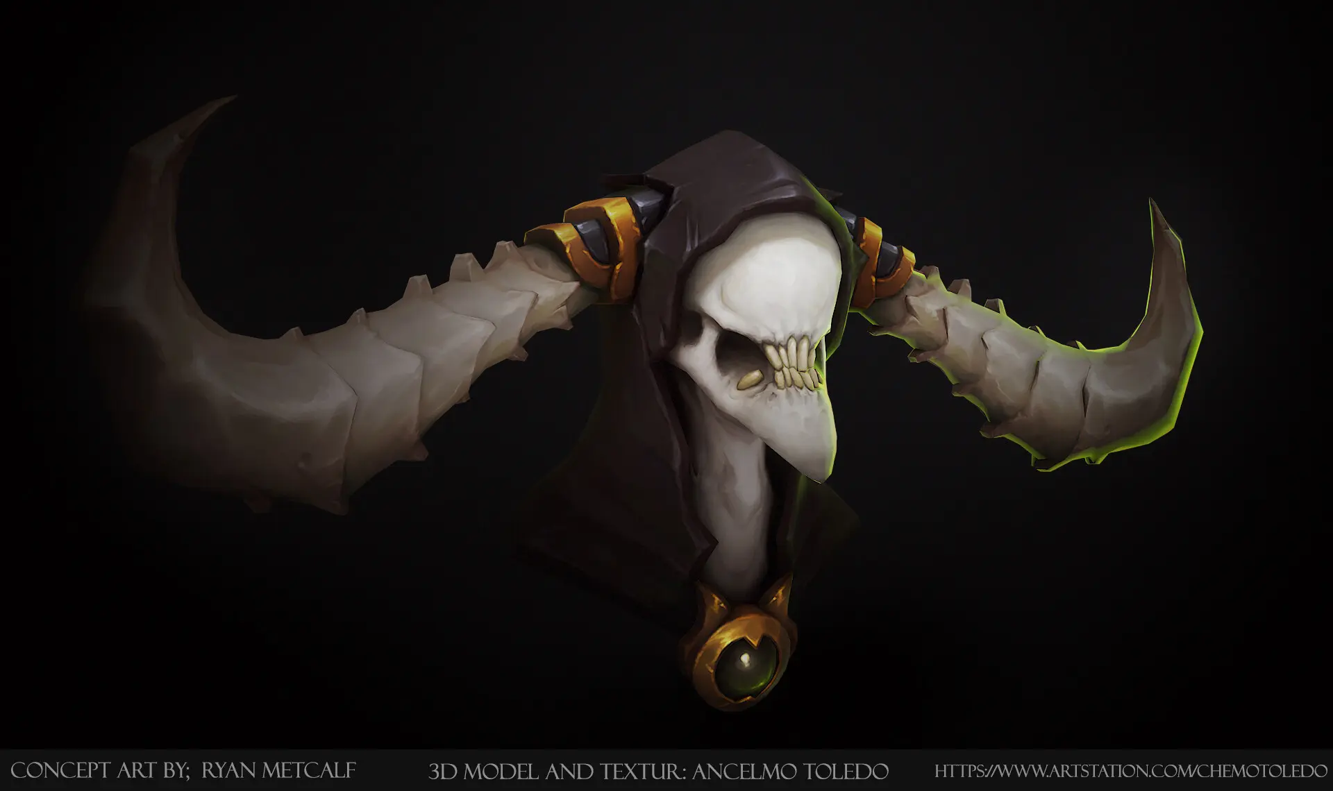 Stylized horned skull character bust