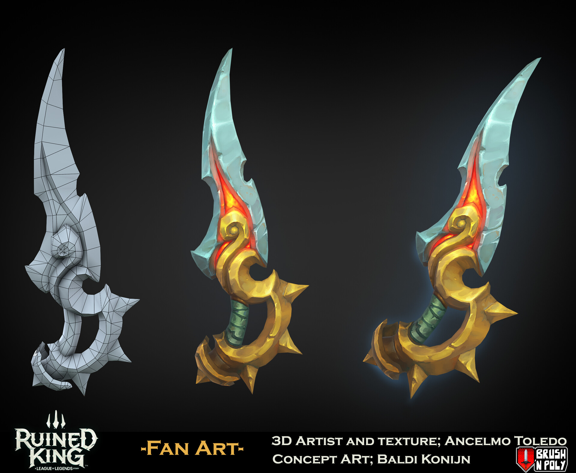 3D stylized dagger asset breakdown by Ancelmo Toledo, highlighting premium game art production pipelines, hand-painted texturing, and game development workflows.