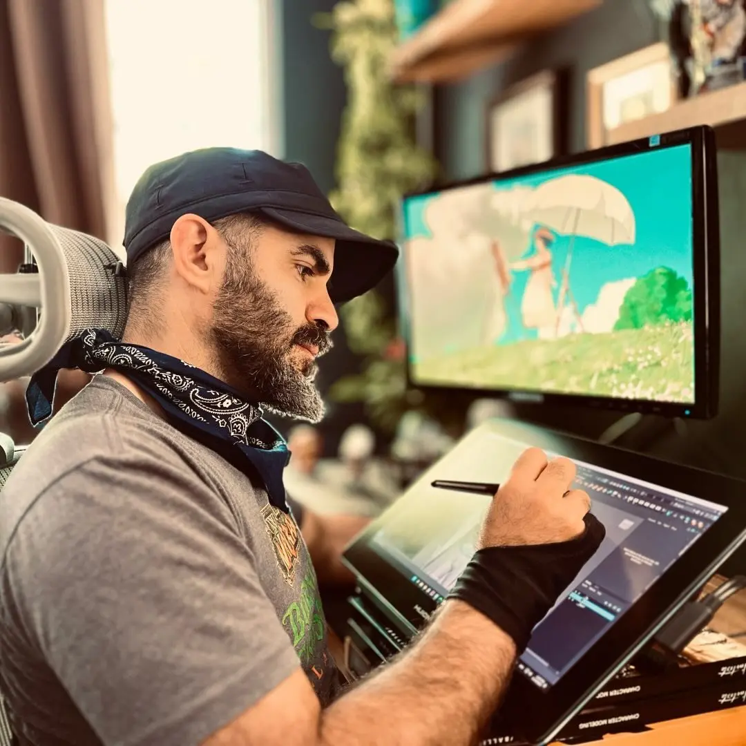 Ancelmo Toledo creating stylized character art on a pen display