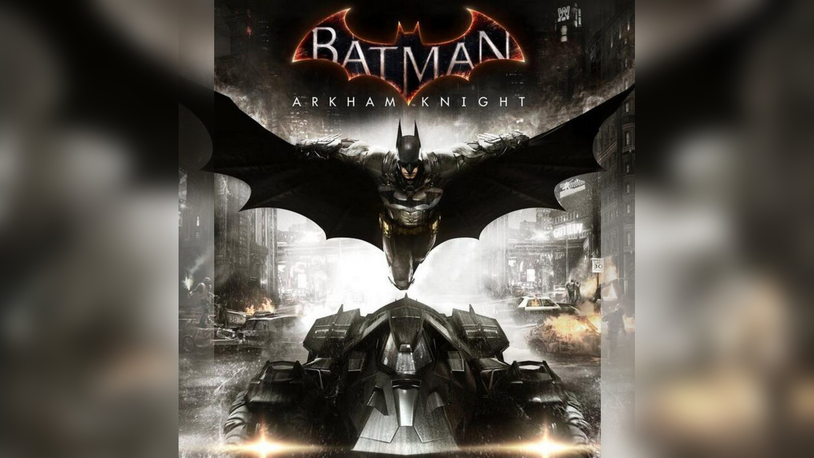 Batman gliding above the Batmobile in Gotham City