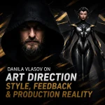 Hooded man and futuristic female character concept art in black and gold style