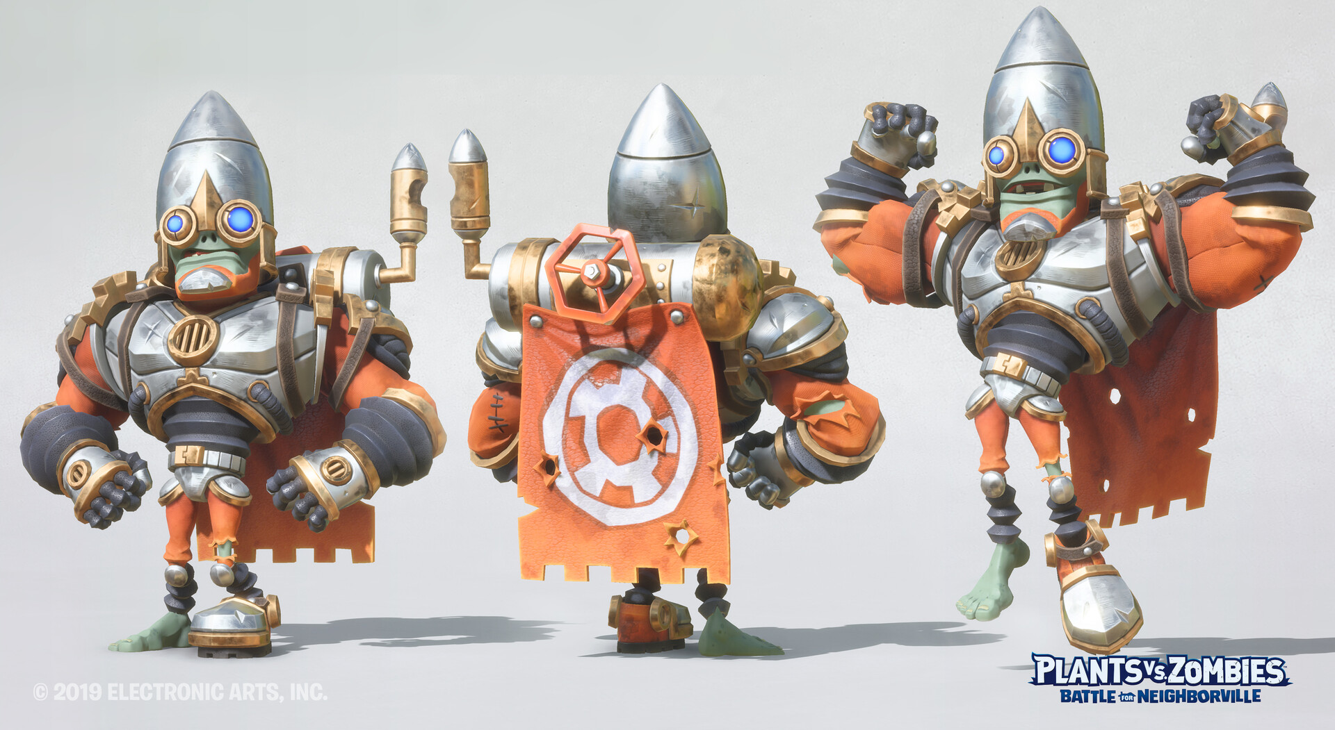 Super Brainz Bullet zombie character from Plants vs. Zombies: Battle for Neighborville shown from three angles
