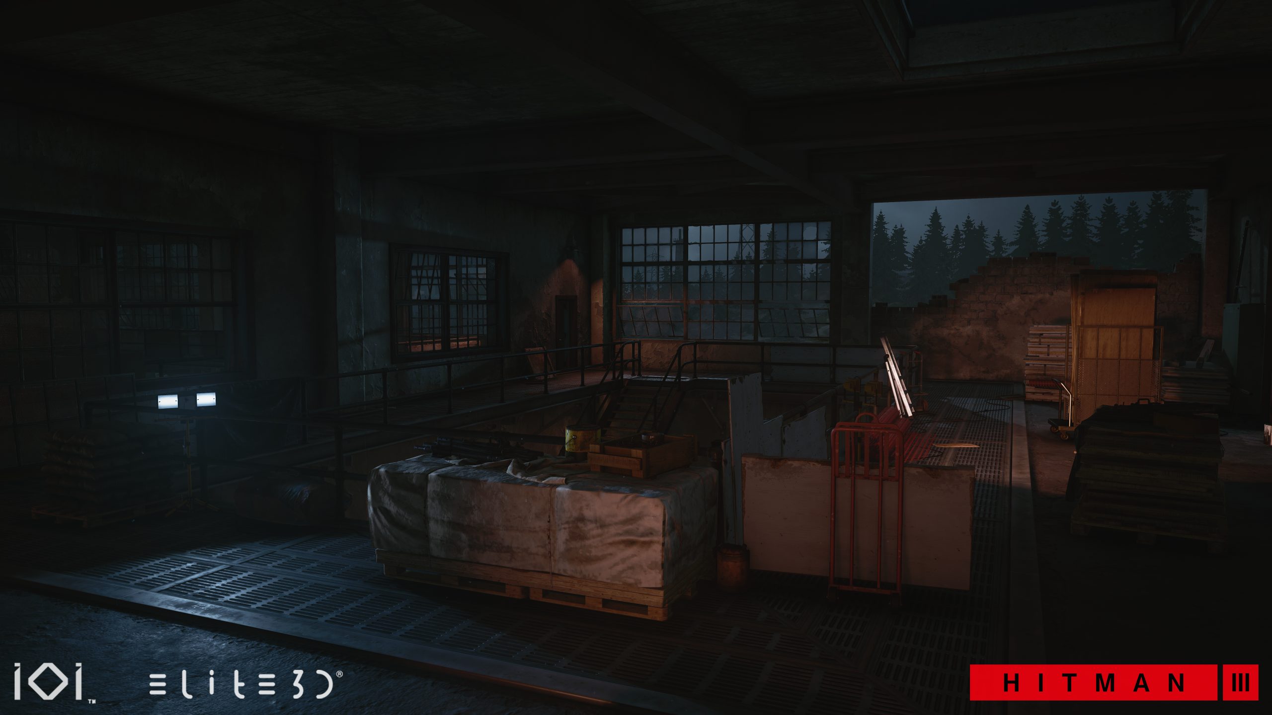 Hitman III Berlin industrial environment with a dark warehouse interior
