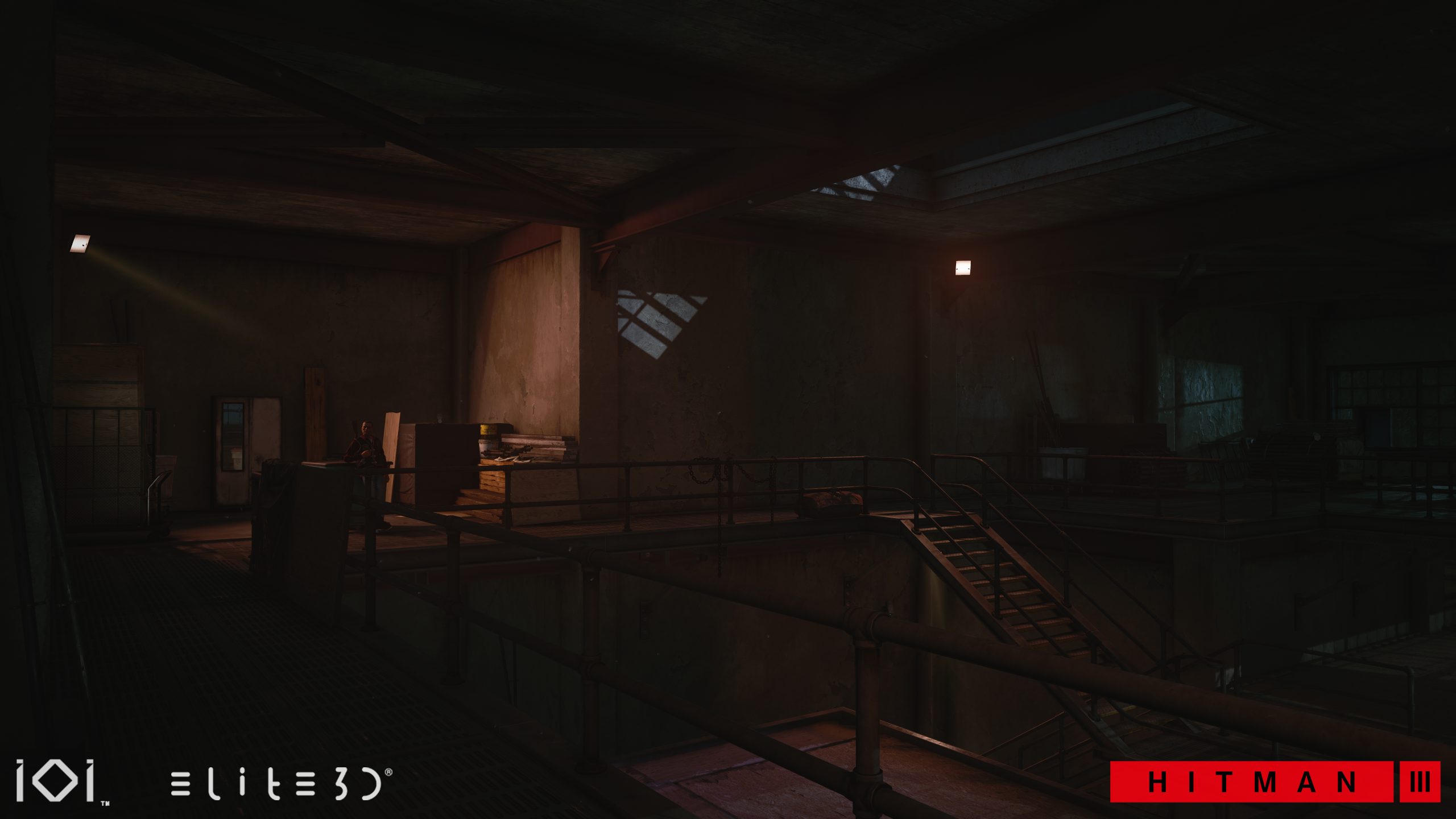 Hitman III Berlin environment with a dark industrial warehouse interior